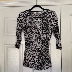 Caché Vintage Black/White/Gray Wrap Top w/ Cut-Out in Front